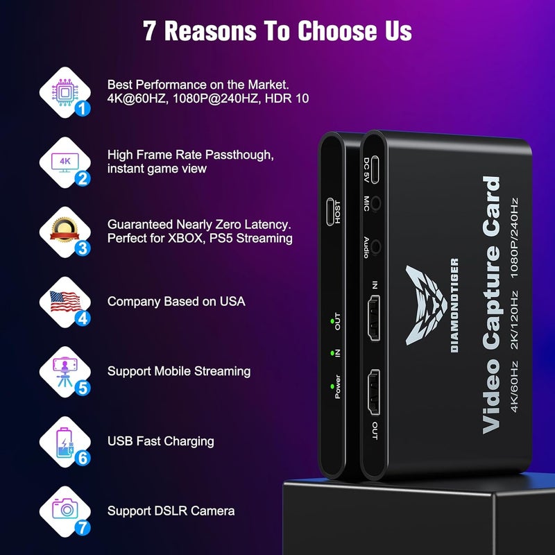 DiamondTiger HDMI Capture Card for Streaming and Recording - 4K@60HZ, 1080P@240HZ,HDR VRR Passthrough Near-Zero Latency Video Capture Card for PS5, Xbox Series X/S, Nintendo in OBS™, Twitch,YouTube - Image 3